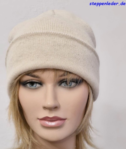 100% Yak-Wolle (Beanie) Mütze in Glattstrick beige